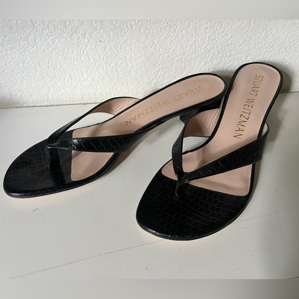 Stuart Weitzman Women’s Black Leather Heel Flip Flops  Size: 7.5 B